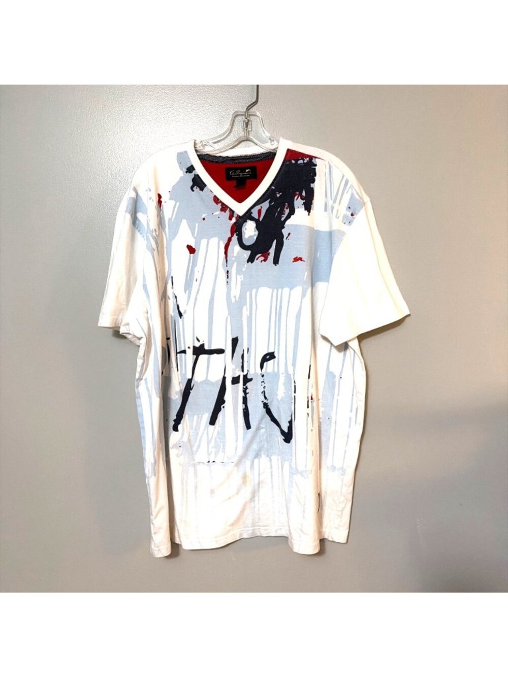 A. Tiziano Mens 2X‎ V-Neck T-Shirt Abstract Paint Splatter Design White Red Blue
